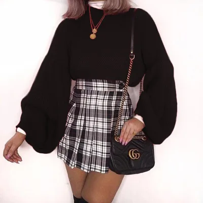 DICLOUD, модный свитер с пышными рукавами,, Harajuku, Одноцветный, свободный, вязанный Топ, для женщин, Harajuku, Повседневный, Круглый ворот, черный, свитера - Цвет: black
