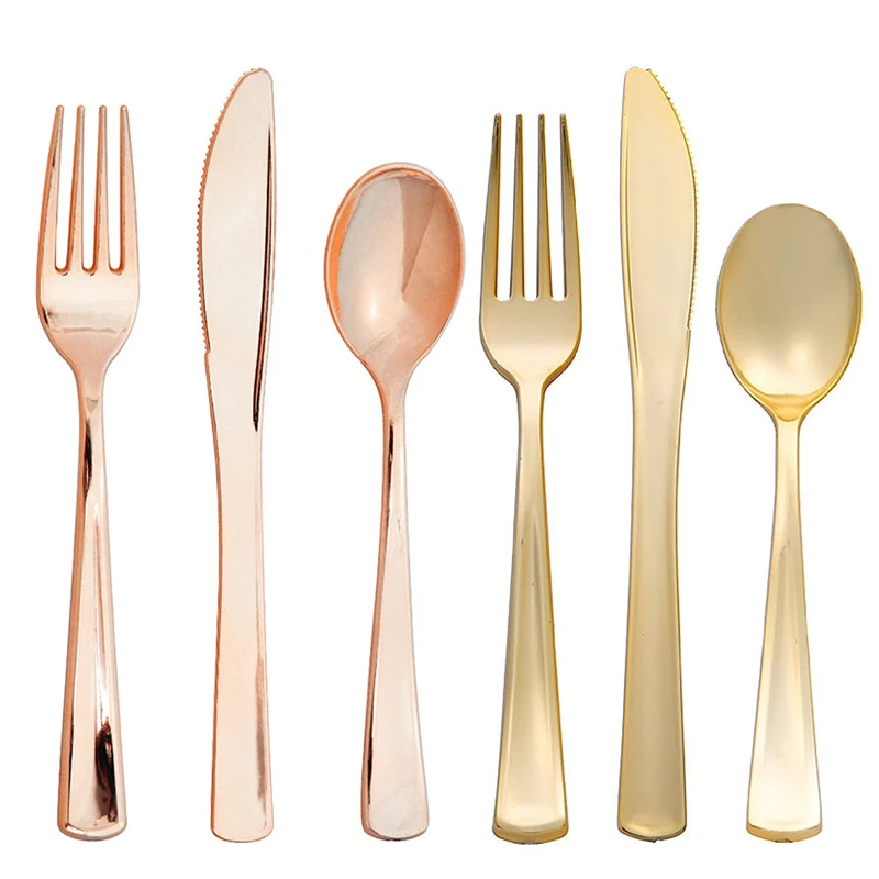 

8/16pcs Rose Gold Disposable Tableware Plastic Spoon Fork Knife Birthday Wedding Table Decor Birthday Baby Shower Party Supplies