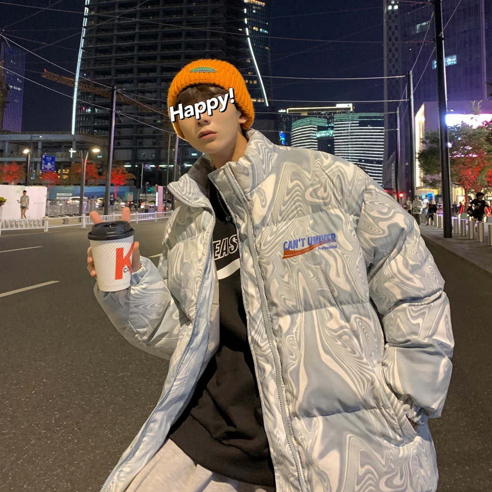 Water Pattern and Letter Print Puffer Jackets for Mens Winter Warm Clothing Plus Size Harajuku Streetwear Loose Fit Bubble Coats | Мужская