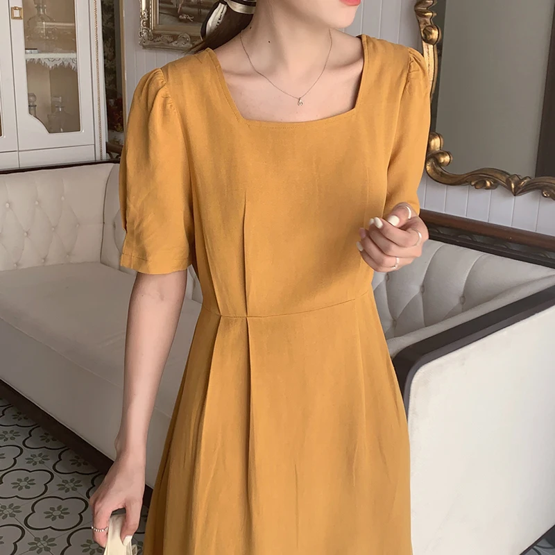 

Korea Chic Summer French Gentle and Thin Square Collar Exposed Clavicle Pleated Lace-Up Waist Short-Sleeved Dress Long Skirt