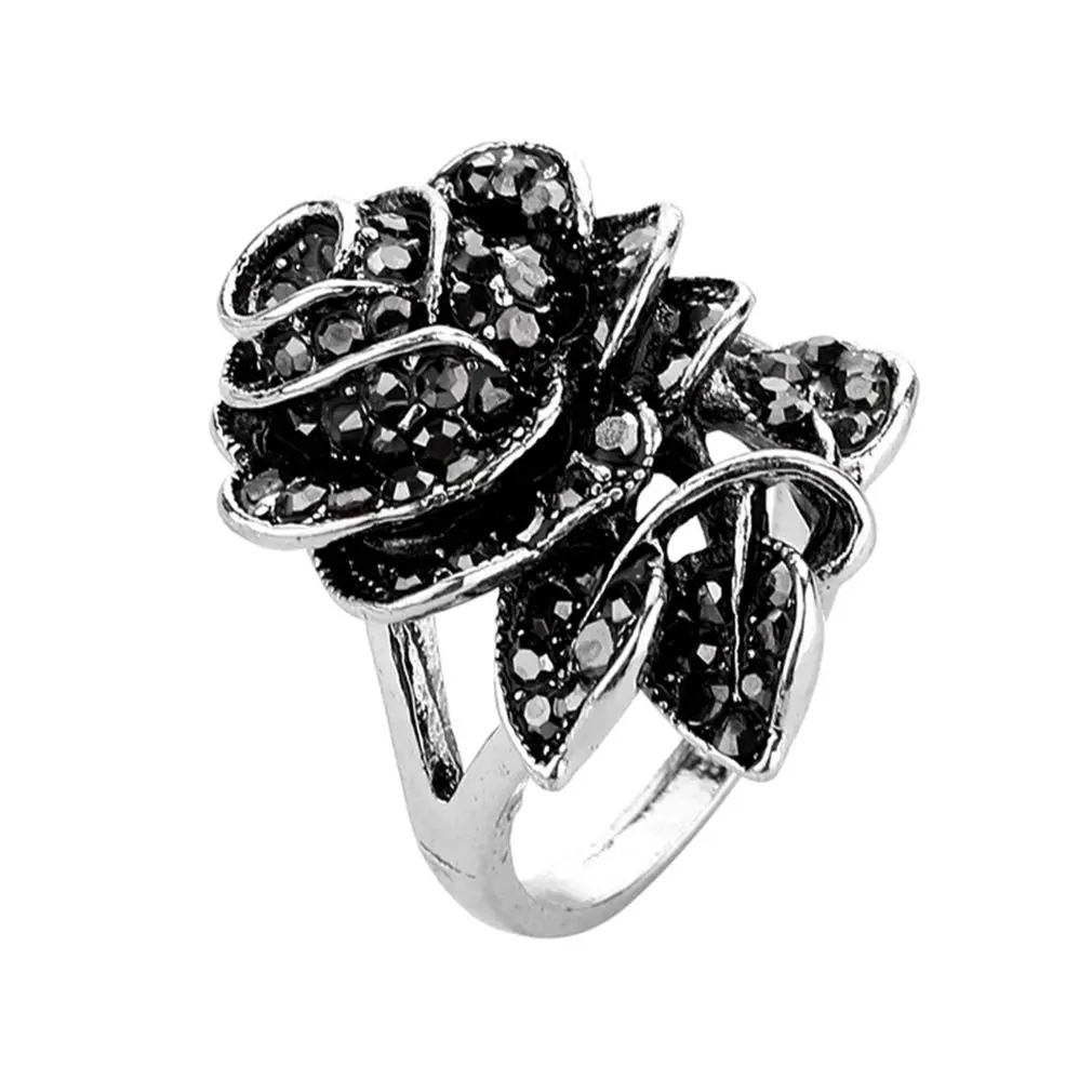Винтажная Черная роза с бриллиантовым кольцом для женщин Уникальный Ретро