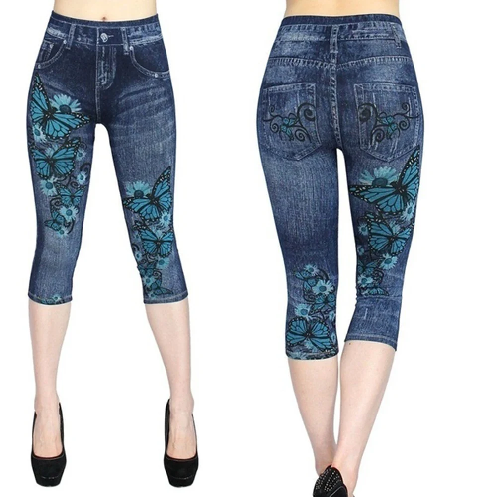 

Women's Capri Leggings In Jeans 3/4 Summer Leggings Jeggings Skinny Butterfly Printed Jegging Denim Pants Leggins Mujer Dropship