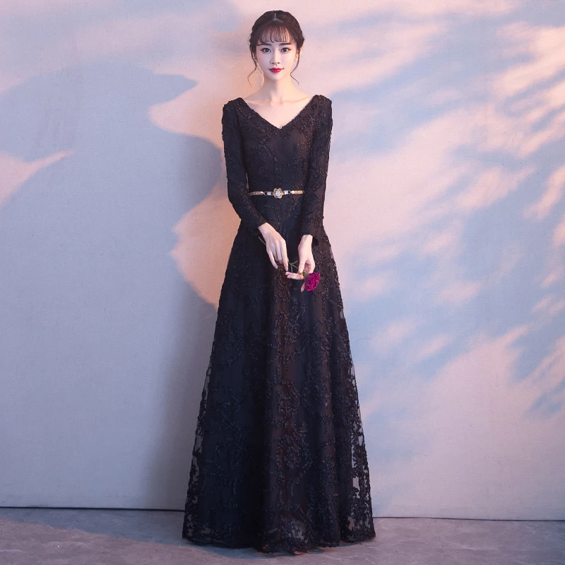 

Wedding Dresses V-neck Party Gowns Black Classic Slim Women Lace Cheongsam Bridesmaid Full Length cheongsam qipao dress