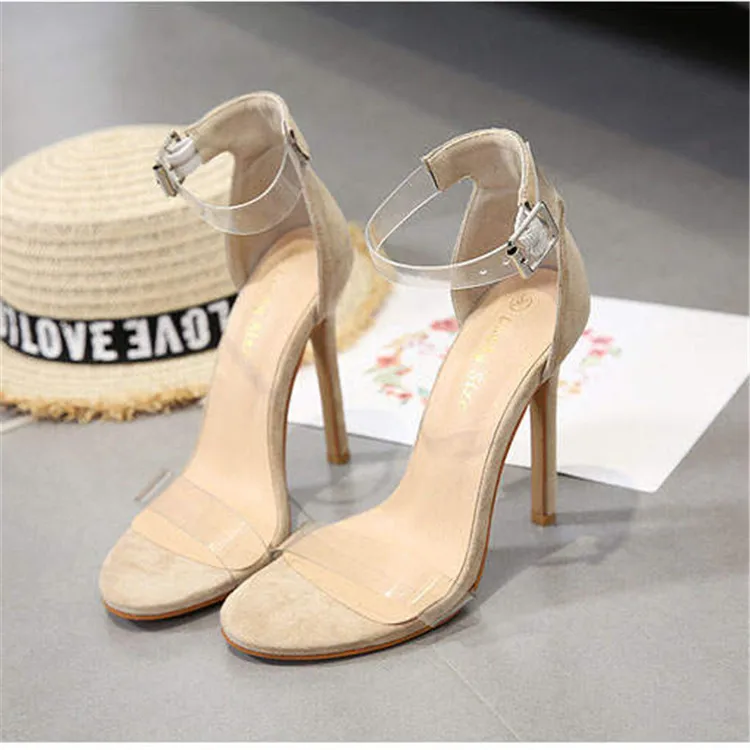 Туфли на высоком каблуке тонком черные прозрачные сандалии с открытым носком в