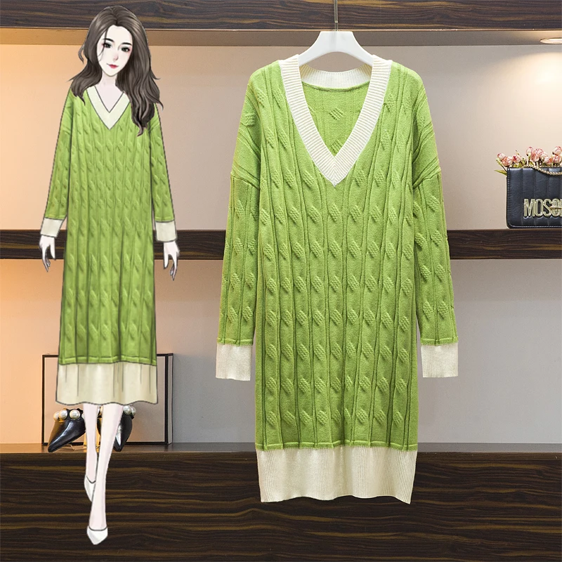 

2020 Autumn And Winter New Plus Size Women's Dress Western Style Sweater Mid-Length Knitted Skirt Long-Sleeved V-Neck M-4XL