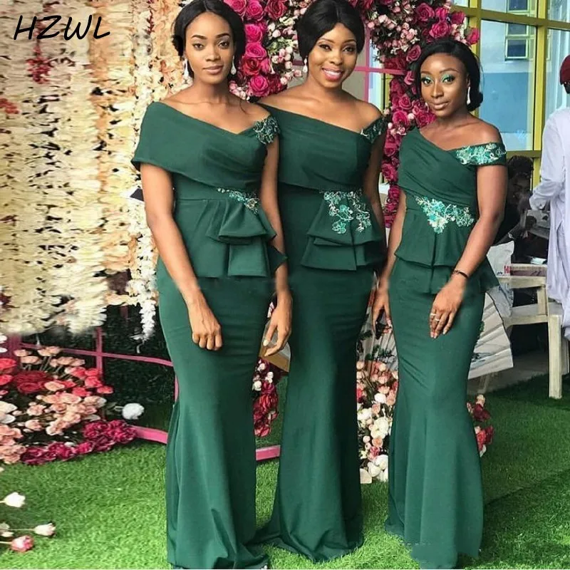 

African Mermaid Bridesmaids Dresses Long Off The Shoulder Lace Appliques Peplum Maid Of Honor Dress Plus Size Wedding Party Gown