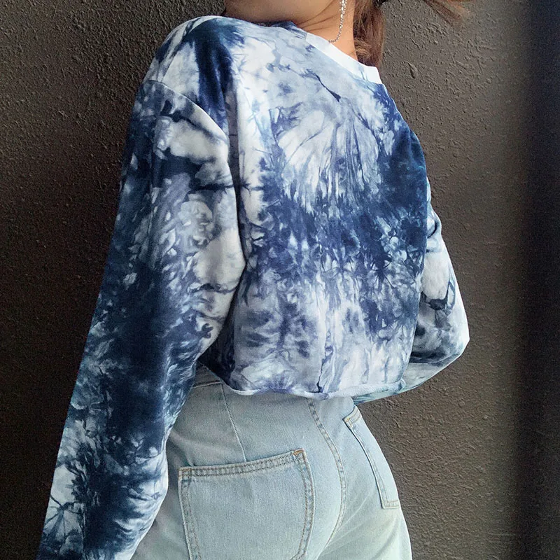 

hirigin Casual Loose Tie Dye Cropped Sweatshirt Women Pullovers Letter Printed Harajuku Tops 2020 Autumn Sweatshirts