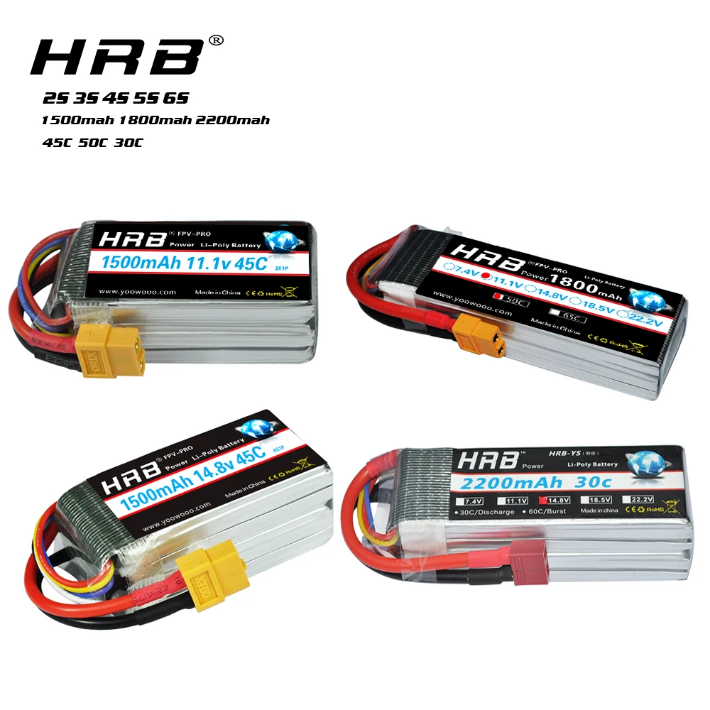 Аккумулятор HRB Lipo 2S 3S 4S 5S 6S 7 4 V 11 1 14 8 18 5 22 2 1500 1800mah 2200 50C 100C для гонок квадролет с