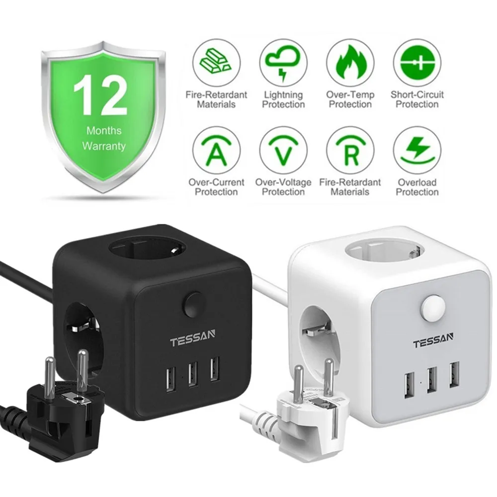 

TESSAN PowerCube USB Multiple Outlets EU Plug Power Adapter Extension with Switch 3 Outlets 3 USB Ports Home Smart Outlets