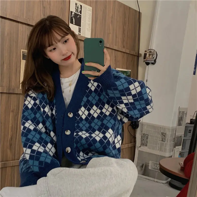 

Ladies Cardigans Long Sleeve Knitted Argyle Sweater Women Korean Pink Vest Sweaters Female Jumpers Cardigan Jacket with Buttons