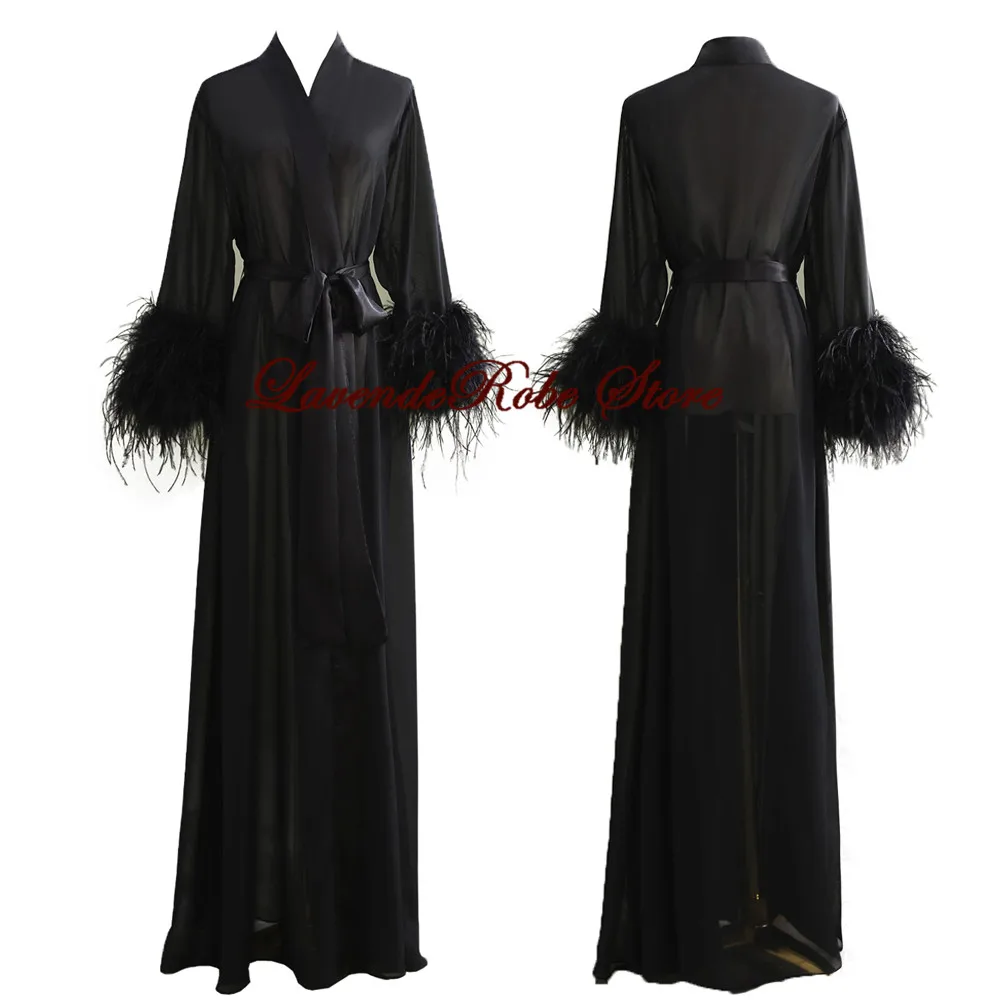 

Bride Feather Robe Sexy Illusion Long Lingerie Tulle Nightgown Bathrobe Sleepwear Wedding Scarf Dressing Gown Photography Dress