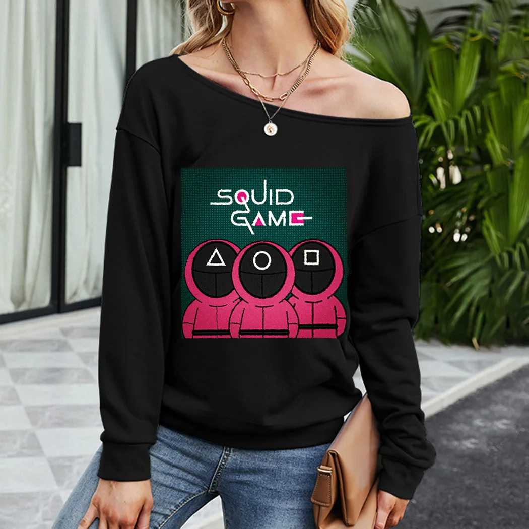 

Autumn Girls Sport Skew Collar Loose Pullover Tops Women Slant Shoulder Anime Pattern Print Casual Long Sleeve Hoodie