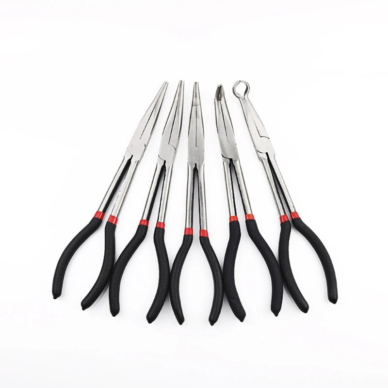 

5Pcs 11" Long Reach Plier Set Straight 90 45 20 Bent Double-X Hose Grip Pliers Set Ring Nose Pliers Kit Hand Tools