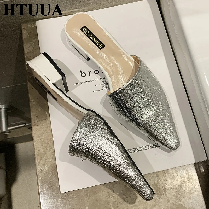 HTUUA/; вышитые шлепанцы с дышащей сеткой; женские шлепанцы с острым носком; шлепанцы на маленьком каблуке; Летняя женская обувь; SX2520