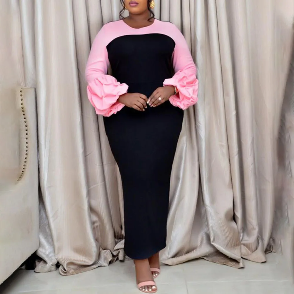 

Europe America 2021 New Summer Plus Size African Long Splicing Solid Color Lantern Sleeve Women's Dress Round Neck Casual