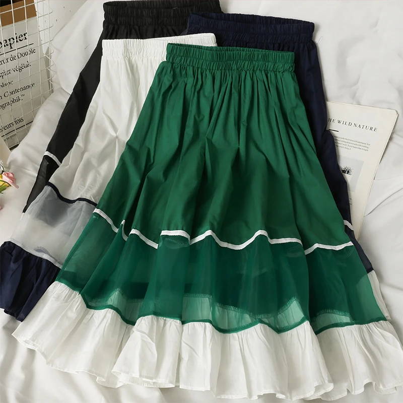 

contrast color stitching high waist slimming skirt women 2021 new elastic waist mesh mid-length A-line skirt summer