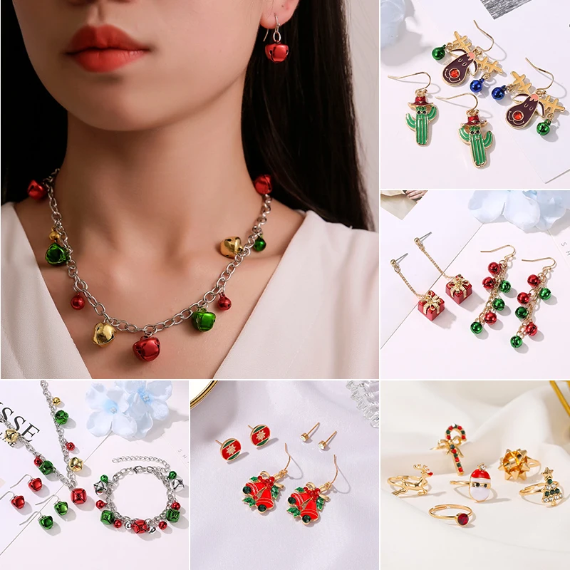 

European and American Creative Christmas Series Earring Bracelet Set Lovely Cartoon Oil Snowman Bell Bracelet Earrings
