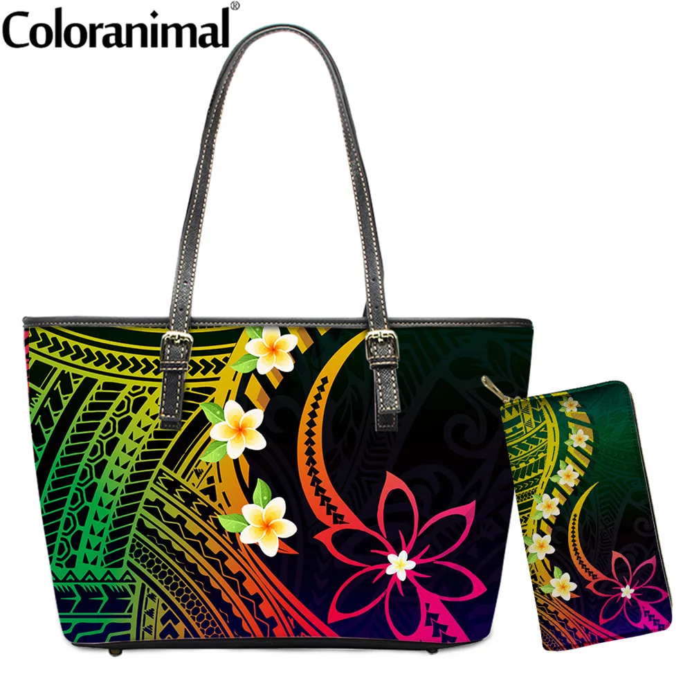 Coloranimal Fashion Gradient Color Polynesian Plumeria Flower Prints Handbag for Women 2Set Shoulder Bag and Purse Leather Bolsa
