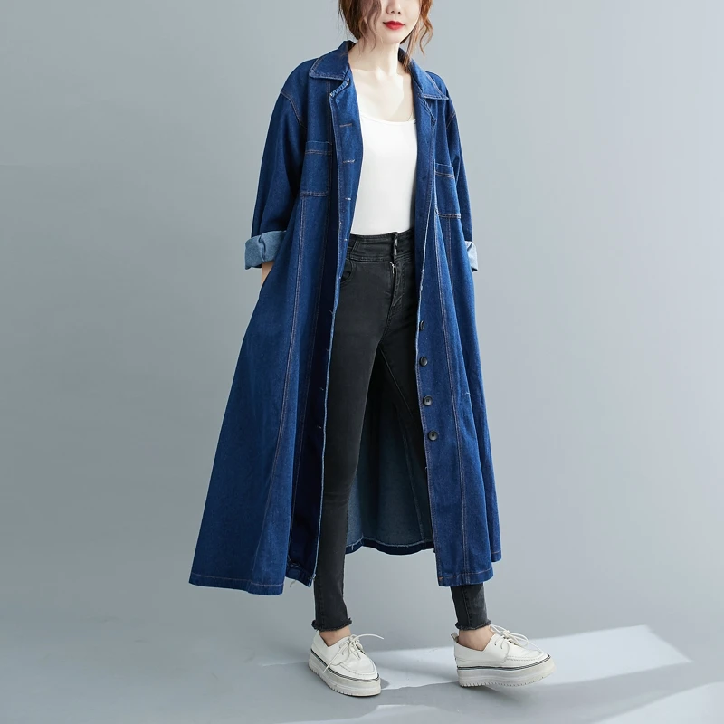 

Hot Sale New 2021 Oversize Denim Trench Coat Women Long Sleeve korean Button Down Windbreaker A382