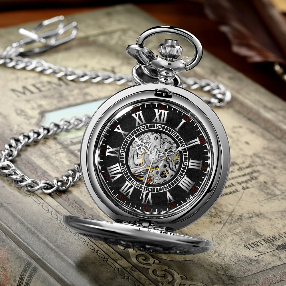 Retro Mechanical Pocket Watch Double Dragon Play Ball Steampunk Skeleton Hand-wind Flip Clock Fob Watch With Chain Gift