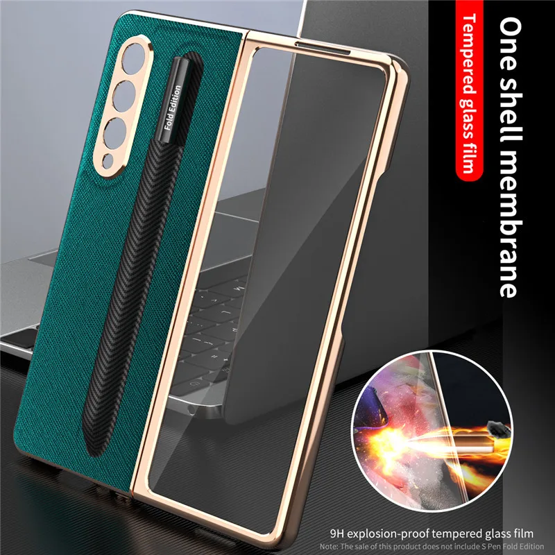 

360 Full Protection Pen Slot Cross Plain Leather Case for Samsung Galaxy Z Fold 3 Fold3 Cover With Front Glass Pen Holder Case