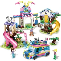 shopping mall pandas jungle tree house slide car friendship model building blocks sets bricks toys