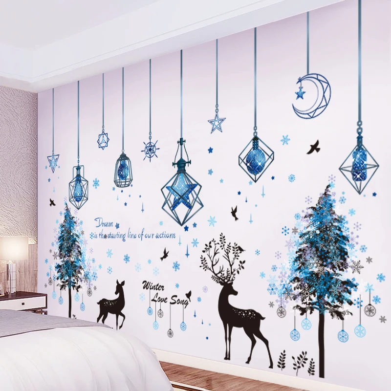

[shijuekongjian] Chandeliers Lights Wall Stickers DIY Deers Trees Mural Decals for Living Room Kids Bedroom Home Decoration