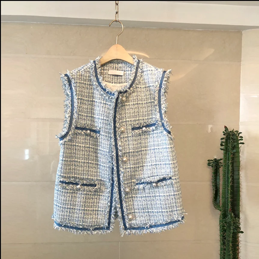 New Spring Fall Small Fragrance Women's Vest Jacket Pearl Button Elegant Tassel Tweed Coat Lady's Woolen Waistcoat | Женская
