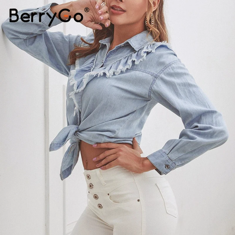 BerryGo Повседневная Синяя Женская блузка с рюшами рубашка винтажный джинсовый топ