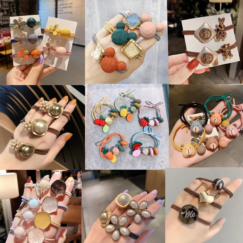 1set New Korea Women luxury Crystal Pearl Hair rope Net Red Vintage Rubber Band Girl Cute Ball hair tie Ring Adult hairband - купить по