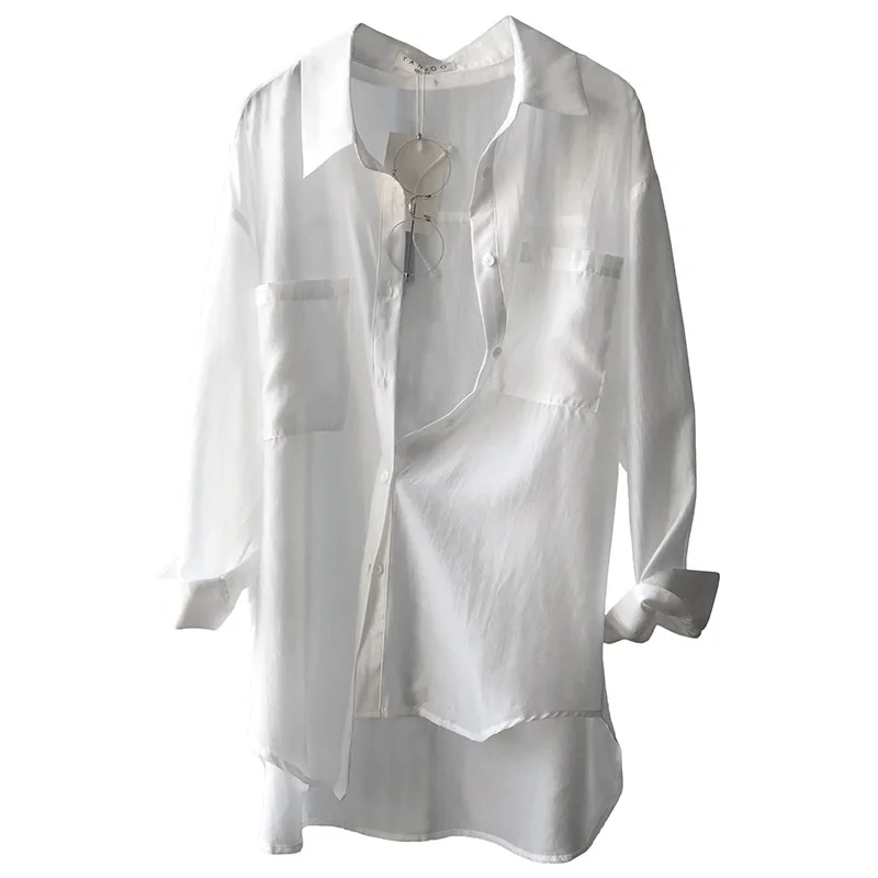 

Yeeloca Temperament Sunscreen Tencel Shirt 2021 Summer New Korean Women's Lapel Loose Thin Blousers Solid Color Long Sleeve Top