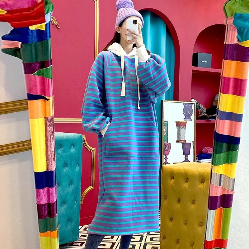 

Dresses Women 2021 New Korean Fashion Casual Hooded Stripe Print Design Loose Puff Sleeve Fleece Hoodie Dress Long Vestidos