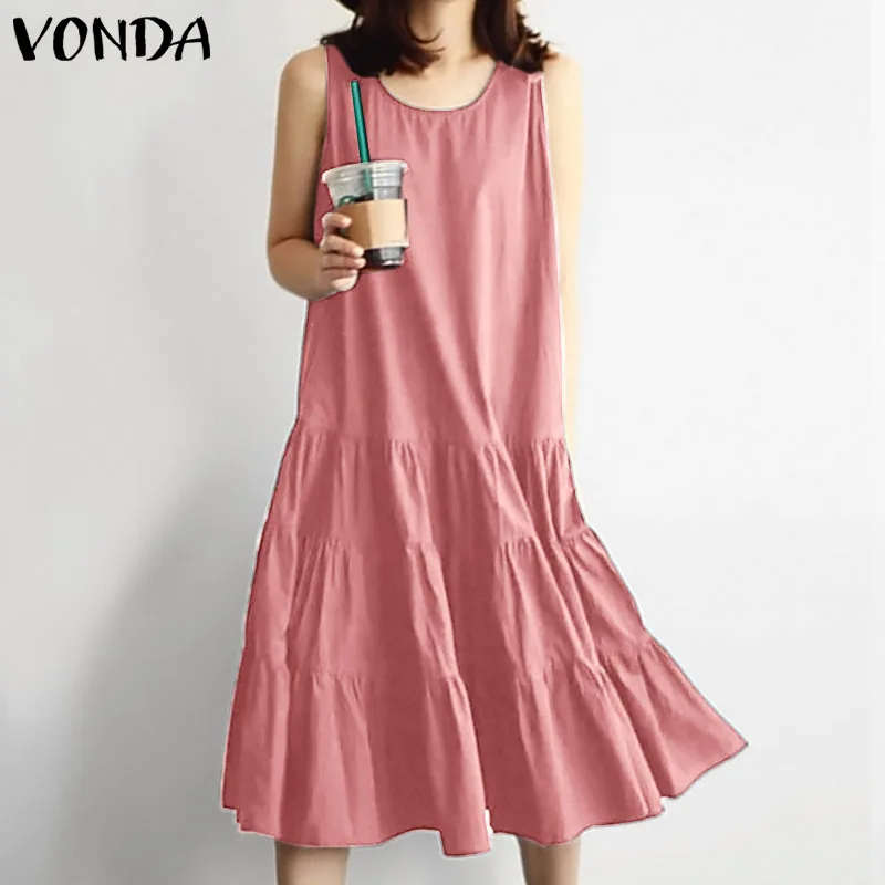 

Summer Vintage Dress VONDA 2021 Women Sexy Sleeveless Tank Sundress Beach Holiday Robe Femme Casual Loose Oversized Vestidos