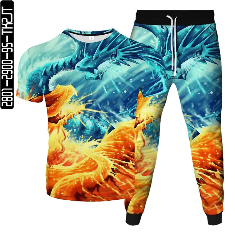 

Spring/Summer 2021 new men's and women's 3D printed sports trousers + T-shirt two-piece Chinese dragon/dinosaur element pattern