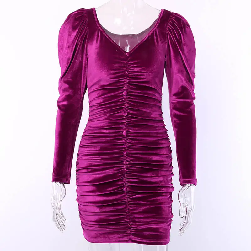 

free shipping 2020 joocar fashion v neck long sleeve bodycon folds summer velvet dress JC1504
