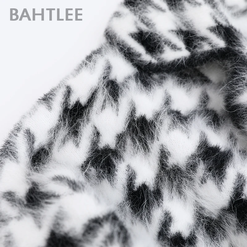 BAHTLEE Women Angora Long Coat Houndstooth Pattern Sweater Winter Wool Knitted Cardigans Jumper Turn Down Collar Sleeves |