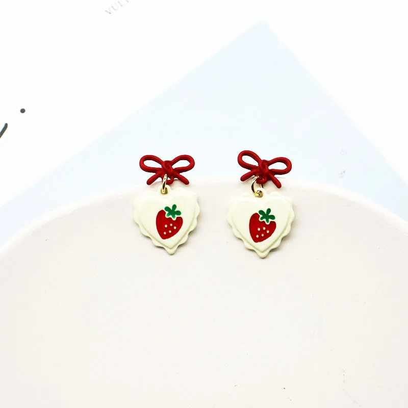 

Bowknot Strawberry Stud Earrings Red Love Heart Sweet Girl Fashion Cute Kawaii Fruit Earrings Jewelry Gift for Girls and Women