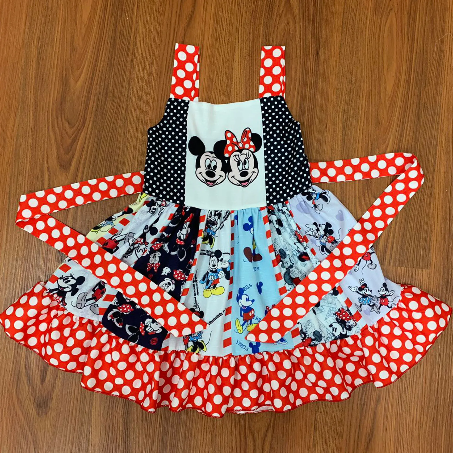 2020 г. Новое Летнее Детское платье в горошек с Минни Маус для девочек Открытое на
