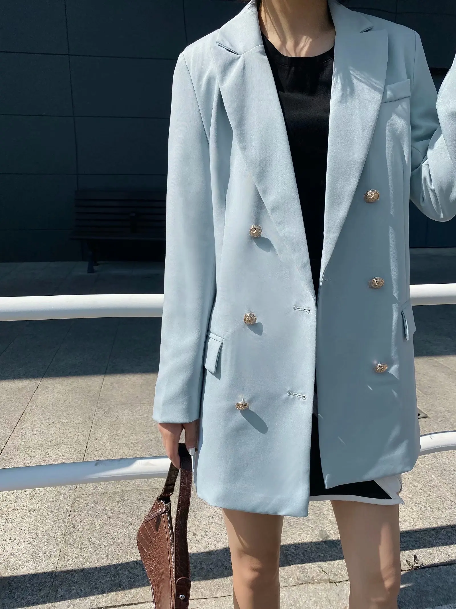 womens blazers jacket autumn new blue metal double-breasted suit collar mid-length temperament blazer women