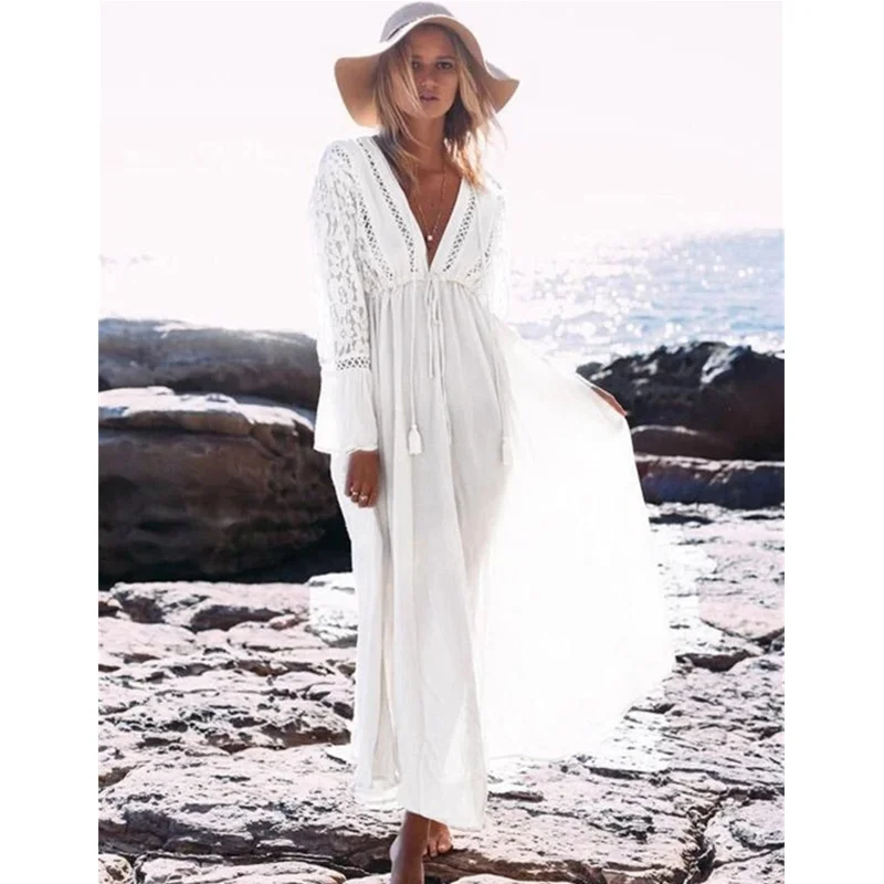 Elegant Peacock Blue Hollow Out Beach Dress Sexy Deep V Neck High Waist Plus Size Swimwear Women Tunic Cover Up N274 |