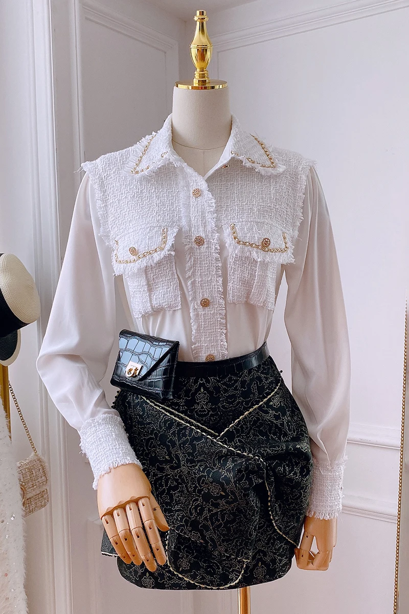 

2021 Women's Spring Clothing Exquisite Beaded Chain Decoration Top Double Pocket Woven Tweed Stitching Shirt Outer Wear