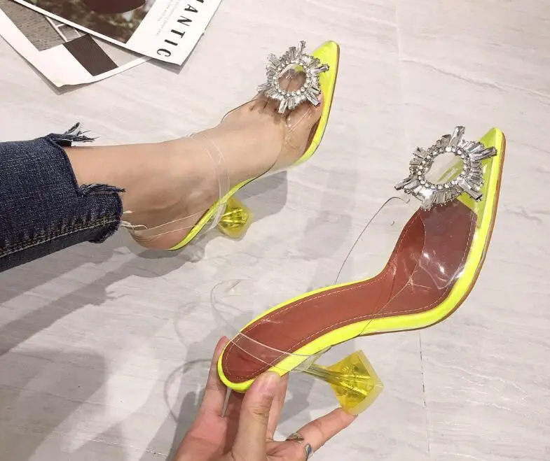 New style slippers with 7CM women flip flop rhinestone pointed transparent heel fashion wild durable sandals | Обувь