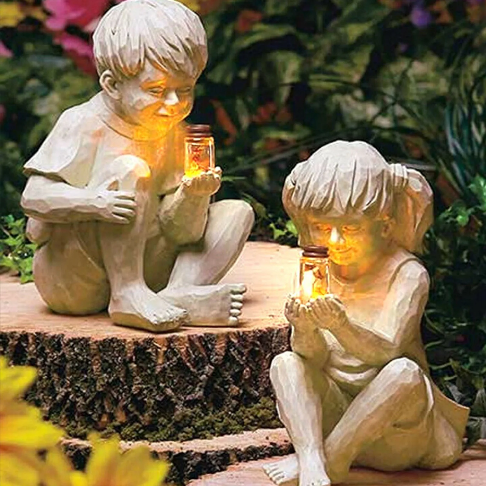 

A Kid with Solar Fireflies Garden Statue Resin Jar Boy Girl Statue Whimsical Flowerbed Yard Outdoor Sculpture Decor Jardin