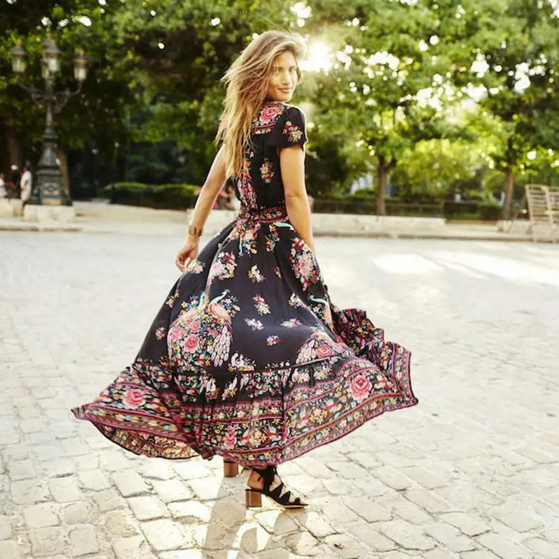 

New Women Summer V Neck Vintage Boho Long Maxi Floral National Chiffon Dress Party Beach Dress Floral Sundress