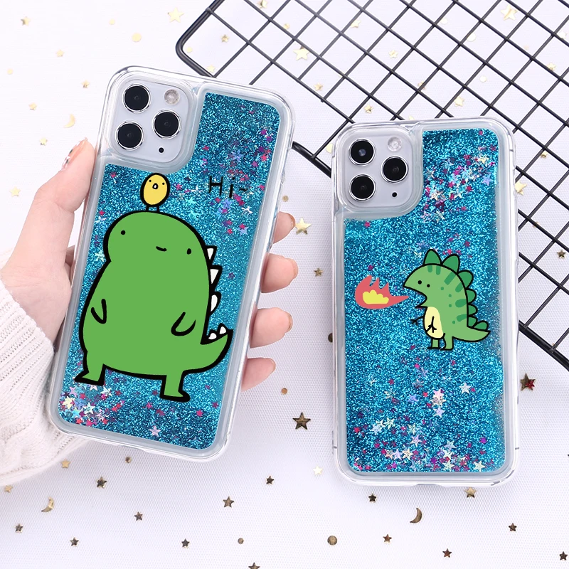 

The Cartoon Case Sparkle Liquid Real Glitter Phone Case Dinosaur For iPhone 11 12 mini Pro Max 8 7 6 6s Plus Xr XsMax X Xs