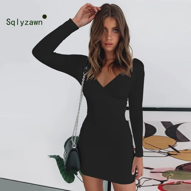 Женское сексуальное облегающее платье OL с длинным рукавом и v-образным вырезом
