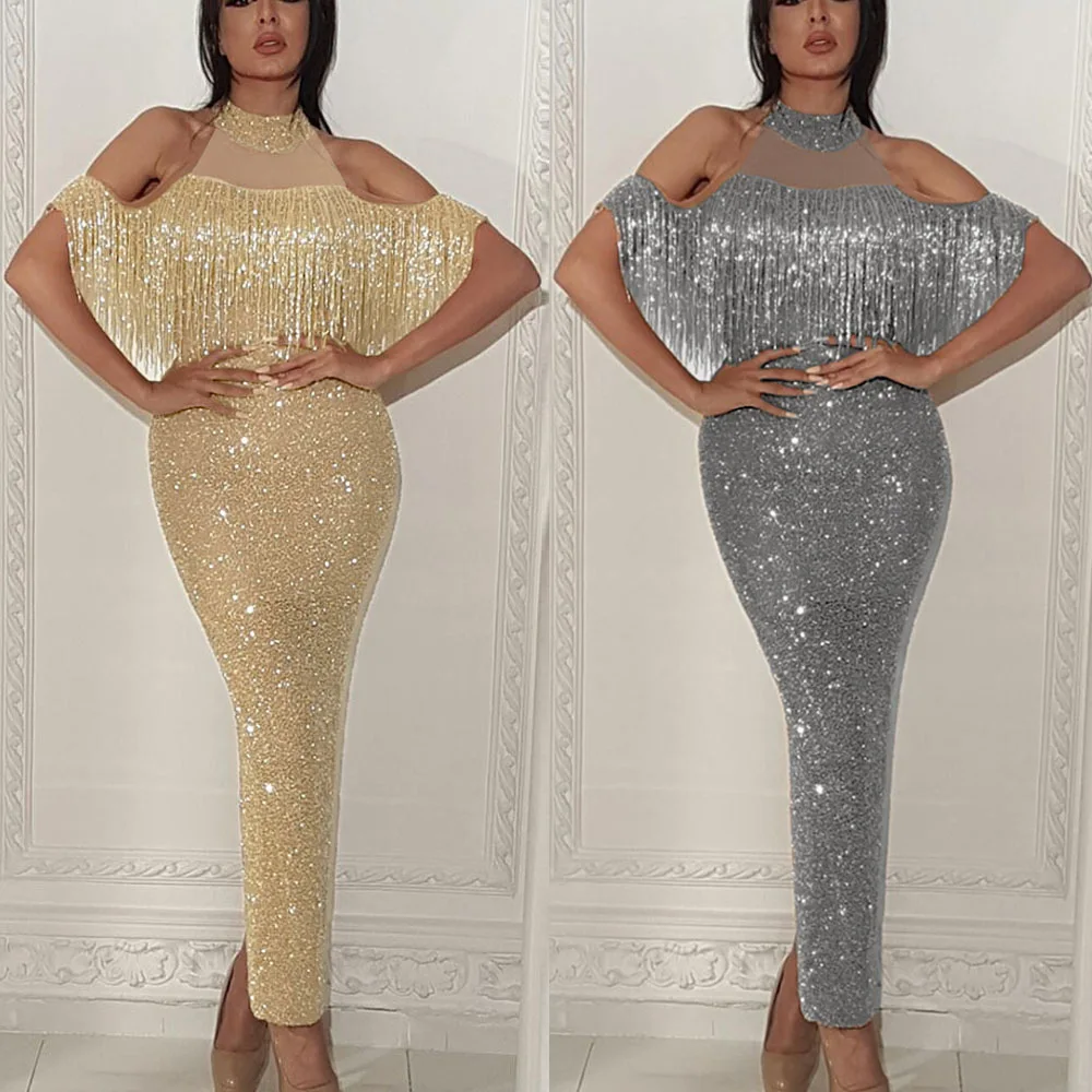 Hot Dress Woman Party Night Stitching Mesh Gauze Split Hip Fringing Temperament Elegant Hanging Neck Strapless TL36 | Женская одежда