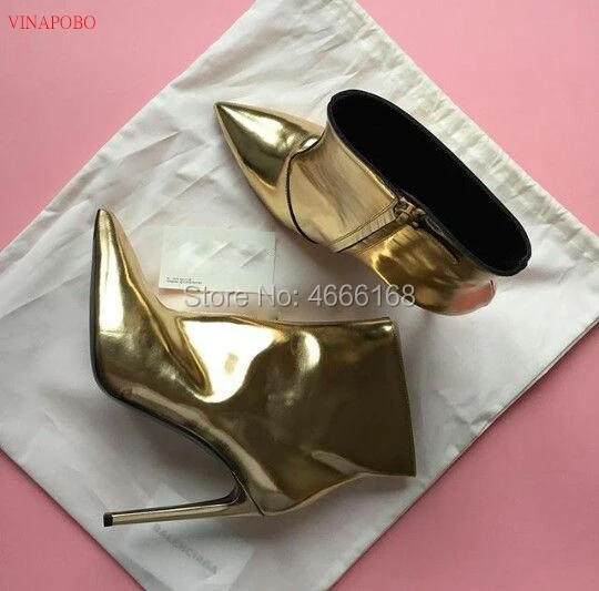 Женские зимние ботинки из лакированной кожи золотистые серебристые полусапожки