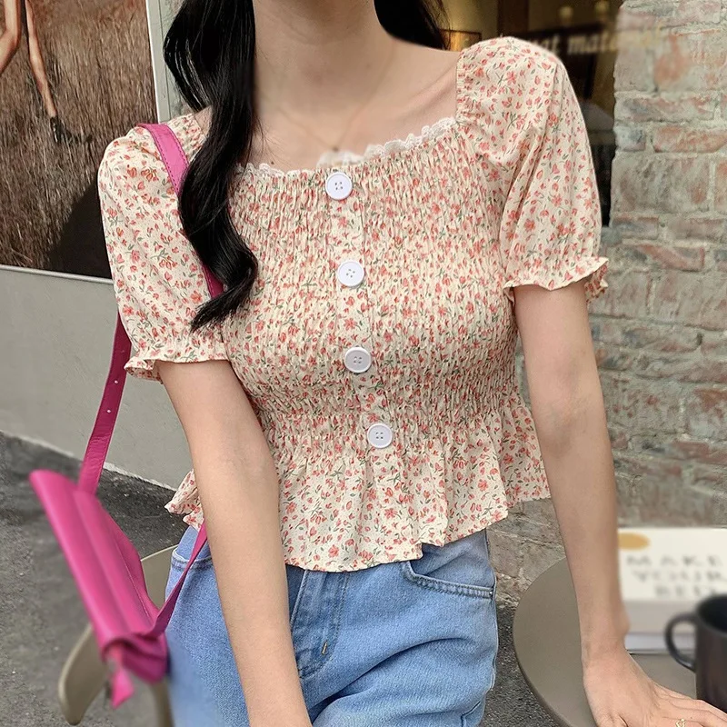 

Women Floral Print Square Collar Blouses Summer Lace Sexy Sweet Chiffon Short Sleeve Shirts'