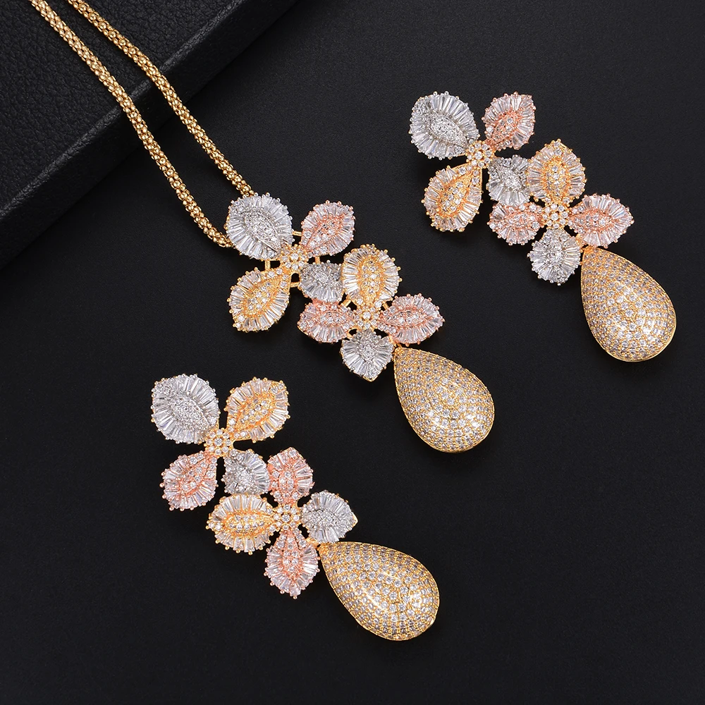 LARRAURI модные милые серьги из искусственного циркония 2019 модные цветы подвеска ожерелье серьги Ювелирные наборы для женщин